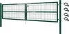 A green metal garden gate with two wings and posts, shown against a white background. Several metal clips are displayed to the right of the gate. Produktbild-Vorschau