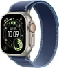 A close-up, angled view of an Apple Watch Ultra with a blue and light blue woven band. Produktbild-Vorschau