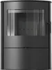 A black steel wood-burning stove is shown from the front against a white background. Produktbild-Vorschau