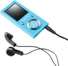 A blue MP3 player with black earbuds is shown against a white background. Produktbild-Vorschau