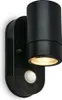 A black outdoor wall light with a motion sensor is shown against a white background. Produktbild-Vorschau