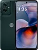 A dark gray Motorola smartphone is shown from the back and front, with the screen displaying the time and date. Produktbild-Vorschau