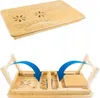 A top view of a wooden laptop table, followed by a bottom view showing its foldable legs and a small drawer. Produktbild-Vorschau