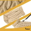Collage of a beige knitted dog sweater with a leash attached. Náhľad obrázku produktu
