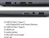 Close-up view of a laptop's ports and a list of its specifications. Produktbild-Vorschau