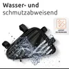 A black bicycle frame bag is shown with water splashing on it, indicating its water-repellent feature. Text in German describes its properties. Produktbild-Vorschau