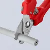 A close-up shot of red-handled cable cutters cutting a white cable. Produktbild-Vorschau