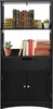 A black wooden storage cabinet with three shelves, a drawer, and two doors, filled with books and a potted plant. Podgląd zdjęcia produktu