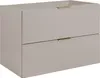 A gray bathroom cabinet with two drawers and gold handles, shown against a white background. Produktbild-Vorschau