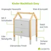 A white nightstand with a wooden frame shaped like a house, with text labels pointing out its features. Produktbild-Vorschau