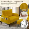 A yellow armchair and ottoman with details about the material and construction. Produktbild-Vorschau