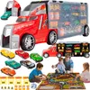 A collage of a toy truck transporter with mini cars, a board game, and children playing. Voir les images du produit