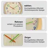 A collage of three images showcasing different aspects of a wall clock, with accompanying German text describing its features. Produktbild-Vorschau