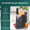 A KLAMER Slush machine is shown with feature callouts and a finished product. Produktbild-Vorschau