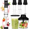 A product shot of an immersion blender set with various attachments and accessories, surrounded by stylized fruit and liquid splashes. Náhľad obrázku produktu