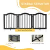 A marketing image showing a black, three-panel pet gate with text overlays highlighting its features. Anteprima dell’immagine prodotto