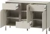 A light-colored sideboard with doors and drawers open, showing its interior shelves and compartments. Produktbild-Vorschau