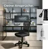 A modern office setup with a desk, computer, and a black ergonomic office chair. Insets highlight the chair's control lever and gas spring. Produktbild-Vorschau