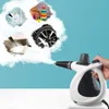 A hand holding a white steam cleaner with steam coming out, and thought bubbles showing various items that can be cleaned. Produktbild-Vorschau