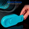 A hand is shown inserting a remote control into a blue fan. Produktbild-Vorschau