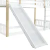 A close-up view of a white bunk bed with a wooden frame and a white slide. Produktbild-Vorschau