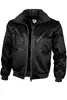 A black bomber jacket with a fur collar is shown against a white background.