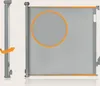 A product image showing a retractable baby gate, with a close-up detail highlighted by an orange circle. Voir les images du produit
