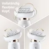 A collage of images showing a white and gold epilator with a flexible head, demonstrating its movement. Voir les images du produit
