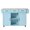 A light blue kitchen island with a wooden countertop against a white background. Produktbild-Vorschau