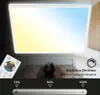 A modern LED panel light with a gradient of yellow to blue, suggesting adjustable color temperature. A remote control is shown in the foreground, and a dimming slider is displayed at the bottom. Produktbild-Vorschau