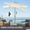 A patio umbrella is shown on a deck overlooking the ocean, with furniture in the foreground. Produktbild-Vorschau