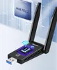 A close-up promotional image of a USB Wi-Fi adapter, highlighting its internal MTK chip and dual antennas, set against a stylized tech-themed background. Produktbild-Vorschau