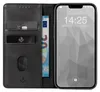 A black leather flip phone case with card slots and a euro banknote, next to an iPhone. Produktbild-Vorschau