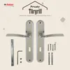 A product shot of door handles and associated hardware against a light beige background with decorative elements. Produktbild-Vorschau