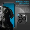 A smartphone with a camera lens protector is shown, with a dog's face on the screen. Produktbild-Vorschau