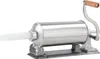 A stainless steel sausage stuffer with a wooden handle and a white filling tube, shown on a gray base against a white background. Podgląd zdjęcia produktu