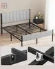 A bed frame with a headboard and footboard, set against a light-colored wall with a window and a nightstand. Close-up diagrams show assembly details. Náhled obrázku produktu