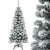 A full shot of a flocked artificial Christmas tree on a white background, with a close-up detail of the tree branches on the right. Produktbild-Vorschau