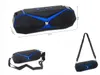 A collage of images showing a portable Bluetooth speaker and its carrying bag. Produktbild-Vorschau