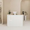 A white reception desk with a computer monitor and plants in a minimalist room. Produktbild-Vorschau