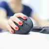 A person's hand with red nail polish is holding a black vertical mouse. Produktbild-Vorschau