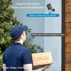 A delivery person holding a package in front of a house, with a security camera mounted on the wall. Náhled obrázku produktu