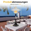 A patio heater is shown on a table on a rooftop terrace with tables and chairs. Náhľad obrázku produktu