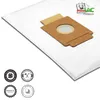 A white vacuum cleaner bag with a brown cardboard attachment is shown on a white background, with several circular badges at the bottom left and a logo at the top right. Produktbild-Vorschau