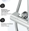 Close-up of a shower system's control panel and adjustable arm, with text overlays highlighting features. Produktbild-Vorschau
