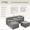 A diagram showing the dimensions and technical specifications of a rattan lounge set. Náhled obrázku produktu