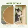 A split image showing details of a cat scratching post. The left side shows a close-up of a textured scratching surface, and the right side shows a cat interacting with the scratching post. Produktbild-Vorschau