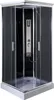 A modern, enclosed shower cabin with black glass panels and a silver shower panel. Produktbild-Vorschau