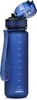 A dark blue water bottle with a blue lid and a blue strap attached to the side. The bottle has volume markings on its side. Produktbild-Vorschau