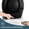 A person's hand is shown pressing a button on a toilet seat, with arrows indicating a quick-release mechanism. Another hand is shown cleaning the toilet. The text "Schnellverschluss & Leichte Reinigung" (Quick Release & Easy Cleaning) is visible. Produktbild-Vorschau